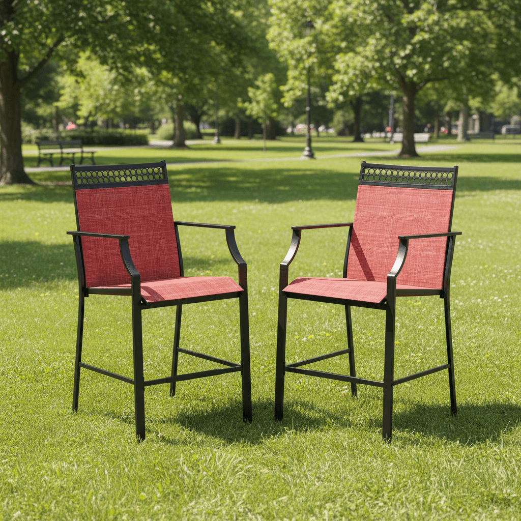 Set of 2 Heavy-Duty Metal Bar Stools with High Back, Armrests & Footrest - Counter Height Patio Chairs with Sturdy Metal Frame, Red Cushioned Seats