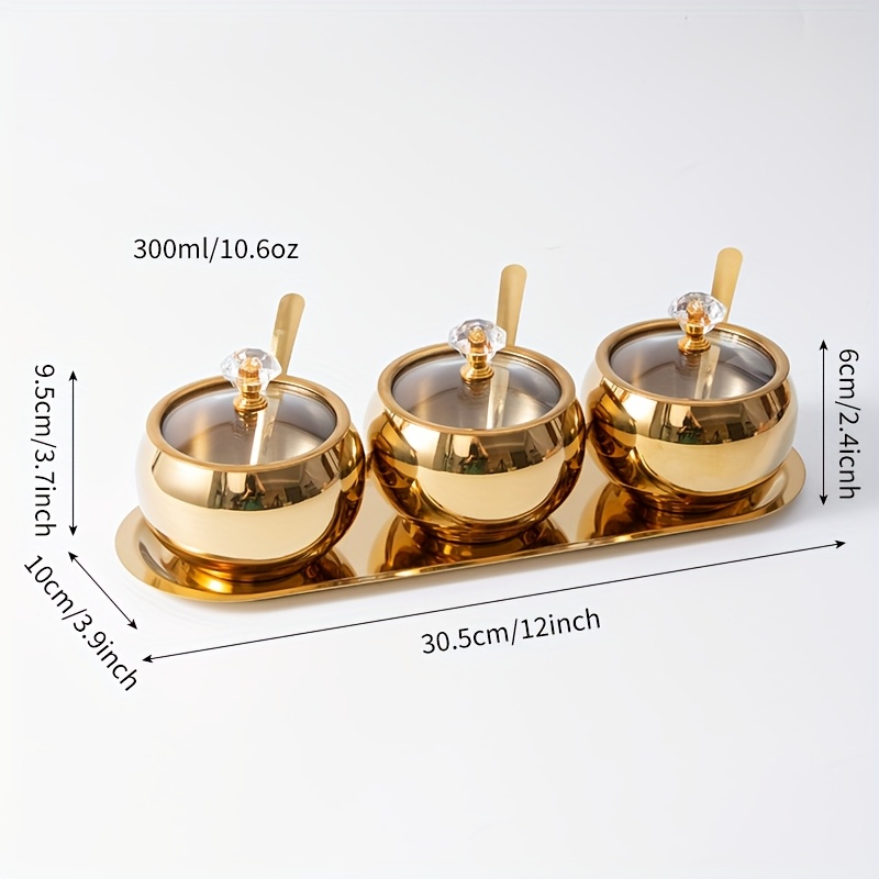 TEMU 1 Set Of 2/3 Stainless Steel Seasoning Jars Set, Spice Containers With Lid And Spoon, Golden Seasoning Bottles With Serving Tray, Suitable For