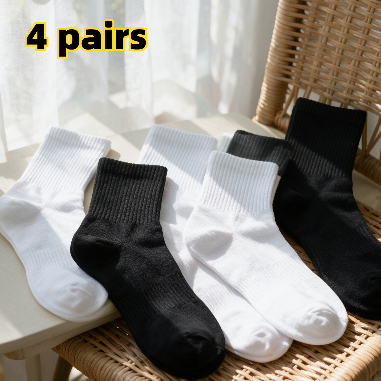 TEMU 4 Pairs Black And White Unisex Solid Color Mid-calf Socks, Double-layer Thick Sports Socks, Spring Summer Fall, Comfortable Sweat-absorbing