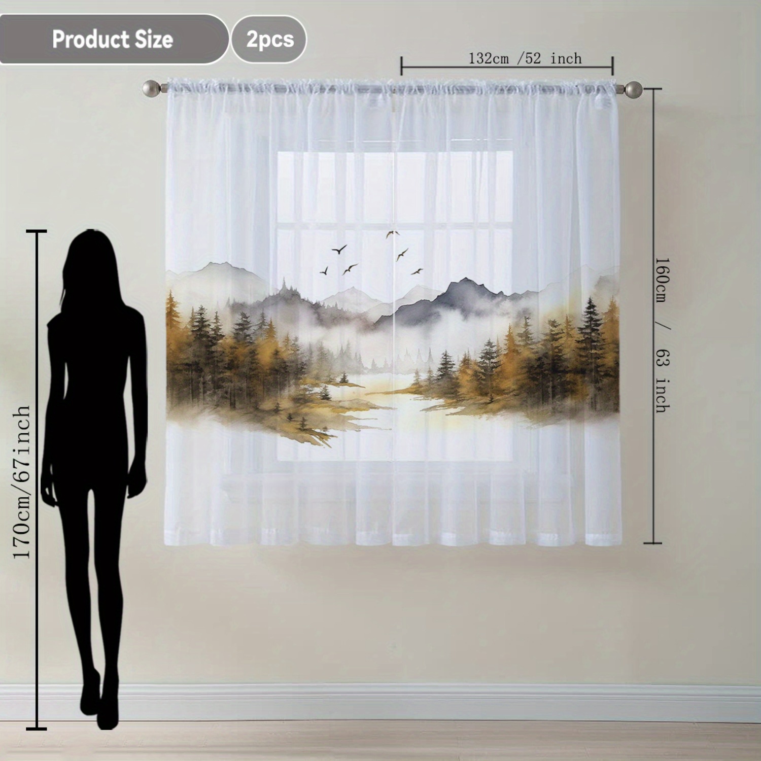 TEMU 2pcs Home Decoration Curtain Song Flower Fragrance Floating Window Curtain Suitable For Kitchen, Coffee Shop, Living Room, Dining Room, Balcony,