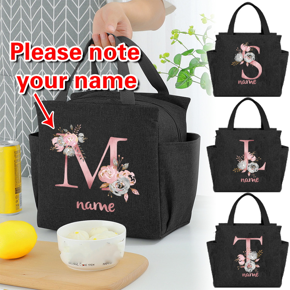 

Custom Name Insulated Lunch Bag Personalized Aluminum Foil Bento Pack Fashion Initial Letter Printing, Waterproof Large Capacity Lunch Bags, Portable Thermal Picnic Food Bag