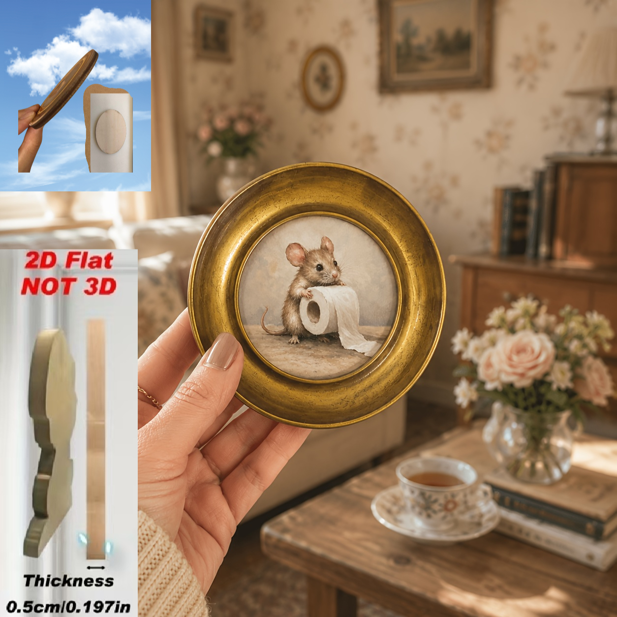 TEMU 2d Flat - 1pc 2d Flat Plane Decoration, 2d Flat Plane Decoration, Plane Wooden Decoration Retro Golden Round Fun Animal Tissue Roll Wall