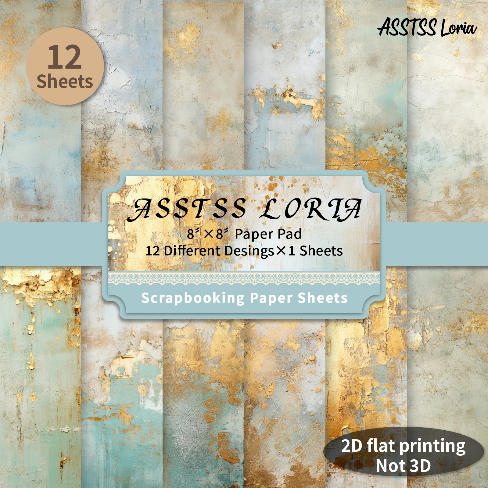 TEMU Lot de 12 feuilles de papier scrapbooking ASSTSS Loria de 8 x 8 pouces, textures dorées et pastel, papier de base uni/2D, papier cartonné épais