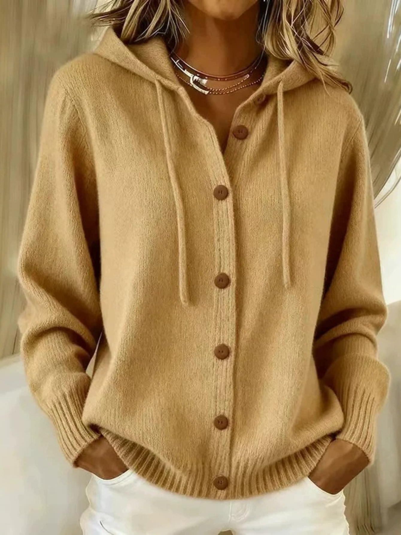 item picture 2026 womens button up hooded cardigan   winter solid color casual and fashionable womens clothing