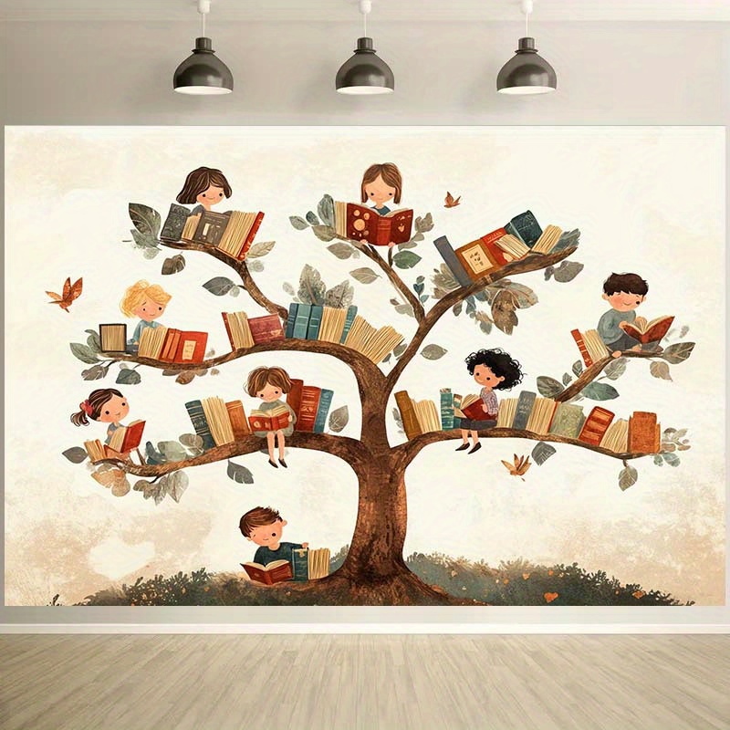 TEMU 2d Flat, 2d Banner " Theme Tapestry With Books, Branches And Leaves - Perfect For Reading Nooks, Cozy Libraries Or Book Club Decorations" - Wall