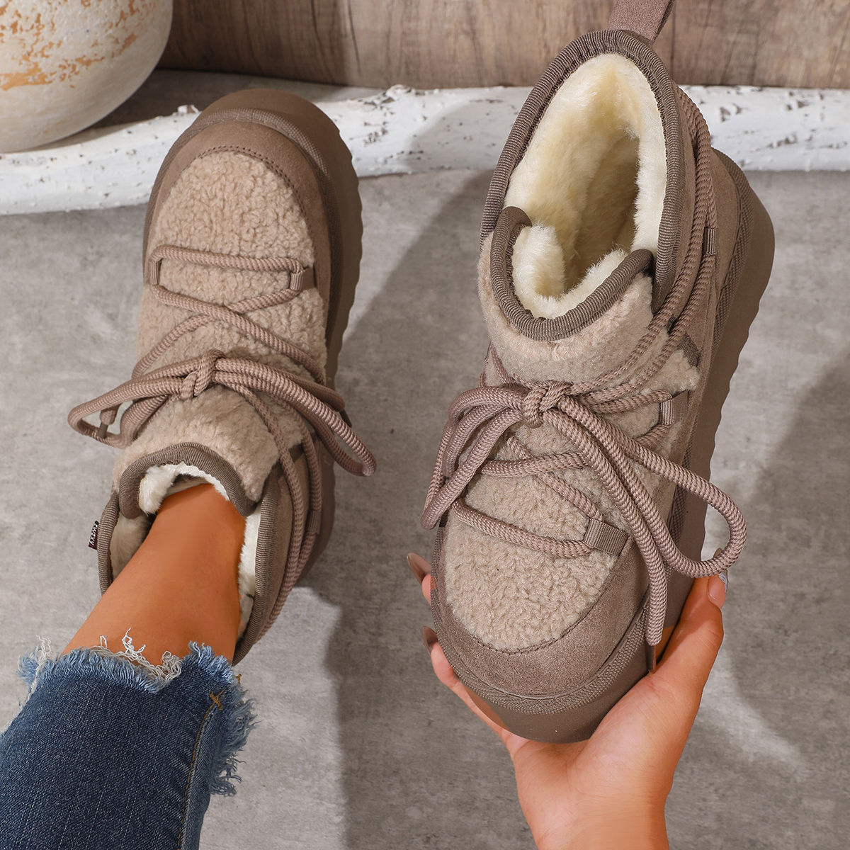 TEMU Women's Lace-up Platform Ankle Boots For Winter Market Shopping Indoor Family Christmas Holiday Gatherings Casual Evening Leisure Walking