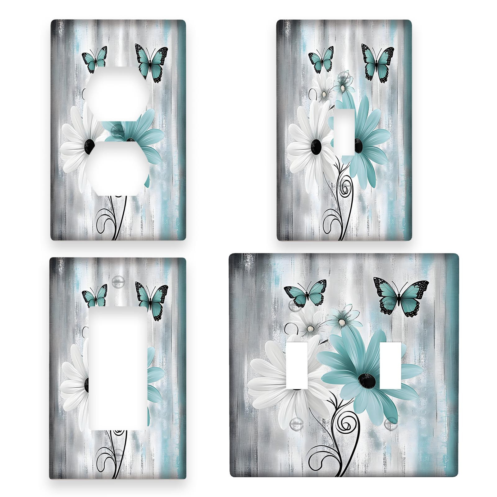 

Teal Daisy & Butterfly Light For Switch Cover - Farmhouse Style, , 1 Gang Options For Kitchen And Home Decor