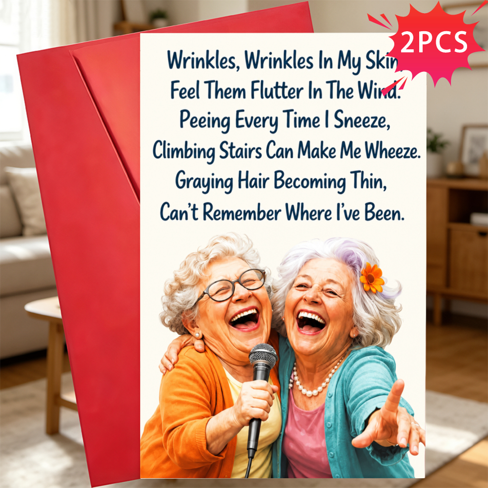 TEMU 2pcs Funny Birthday Card With Envelope, 2 Laughing Elderly Women With Microphone And Humorous Aging Poem Text Greeting Cards For Women, Men,