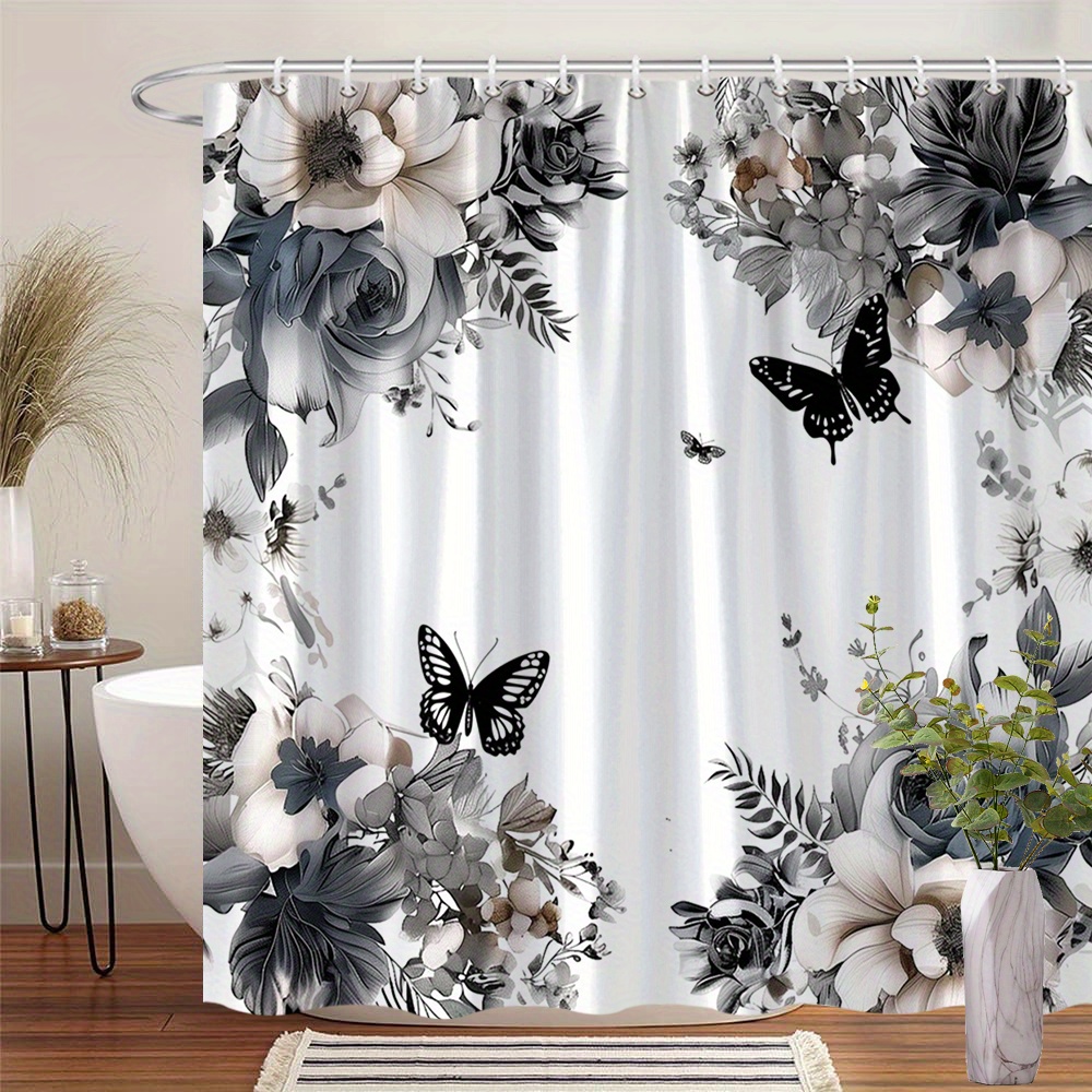 TEMU 1pc Vintage Floral & Shower Curtain With Roses, Peonies, Lilies In Soft White/grey/blue - Machine Washable Polyester, 70x70 Inch Bathroom Decor,