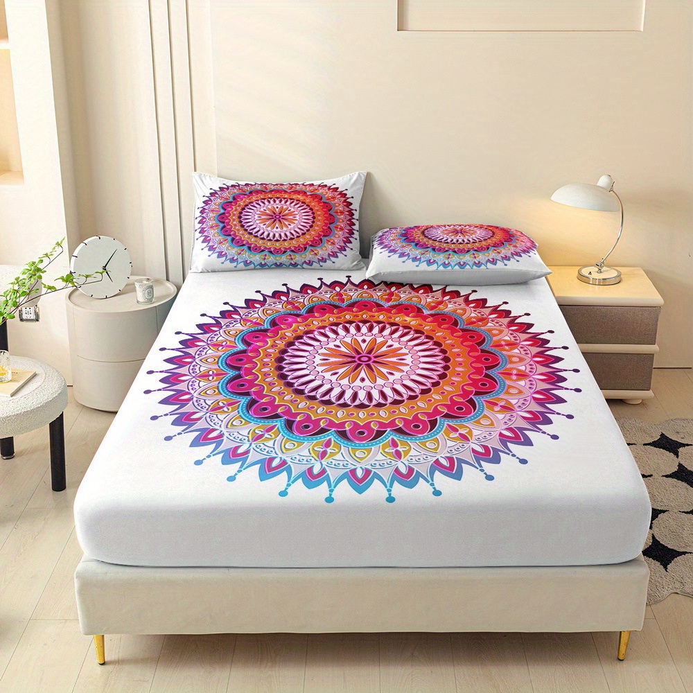 TEMU 3pcs Mandala Print Fitted Sheet Set, Queen Mattress Protector, Double Bed Mattress Protector, King Bedding Kit, Polyester Machine Washable,