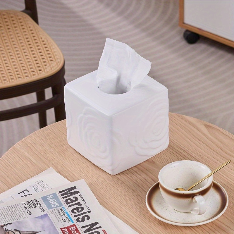 1pc elegant white ceramic tissue box holder with carved lid - large square/rectangular design, decorative lid & sturdy base for bathroom, vanity, kitchen, office - decorative storage for tissues, tissues not included - modern & traditional decor - compatible with cylindrical boxes (compatible with tissue boxes, not tissues) - ceramic tissue box cover with carved rose detailing, decorative tissue box holder, tissue holder bathroom, tissue box with storage, Product details 3