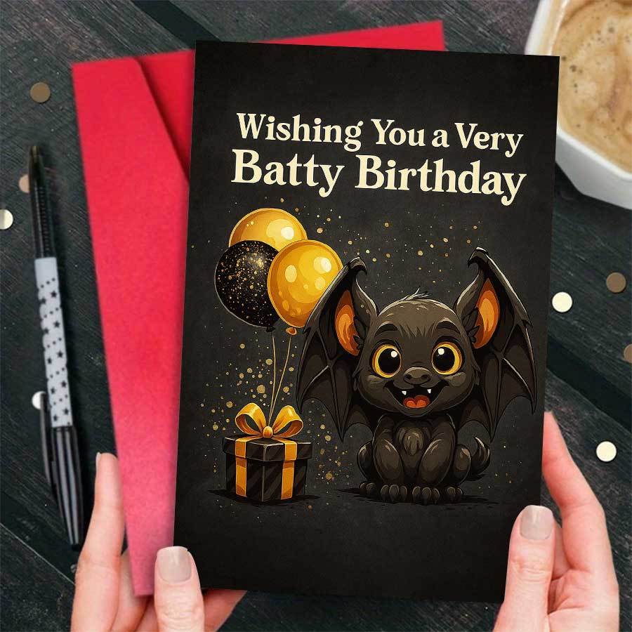 TEMU 1pc Cute Bat Birthday Card With Balloons And Gift Ideal For Celebrations Perfect For Halloween Birthday Parties And Fun Gift