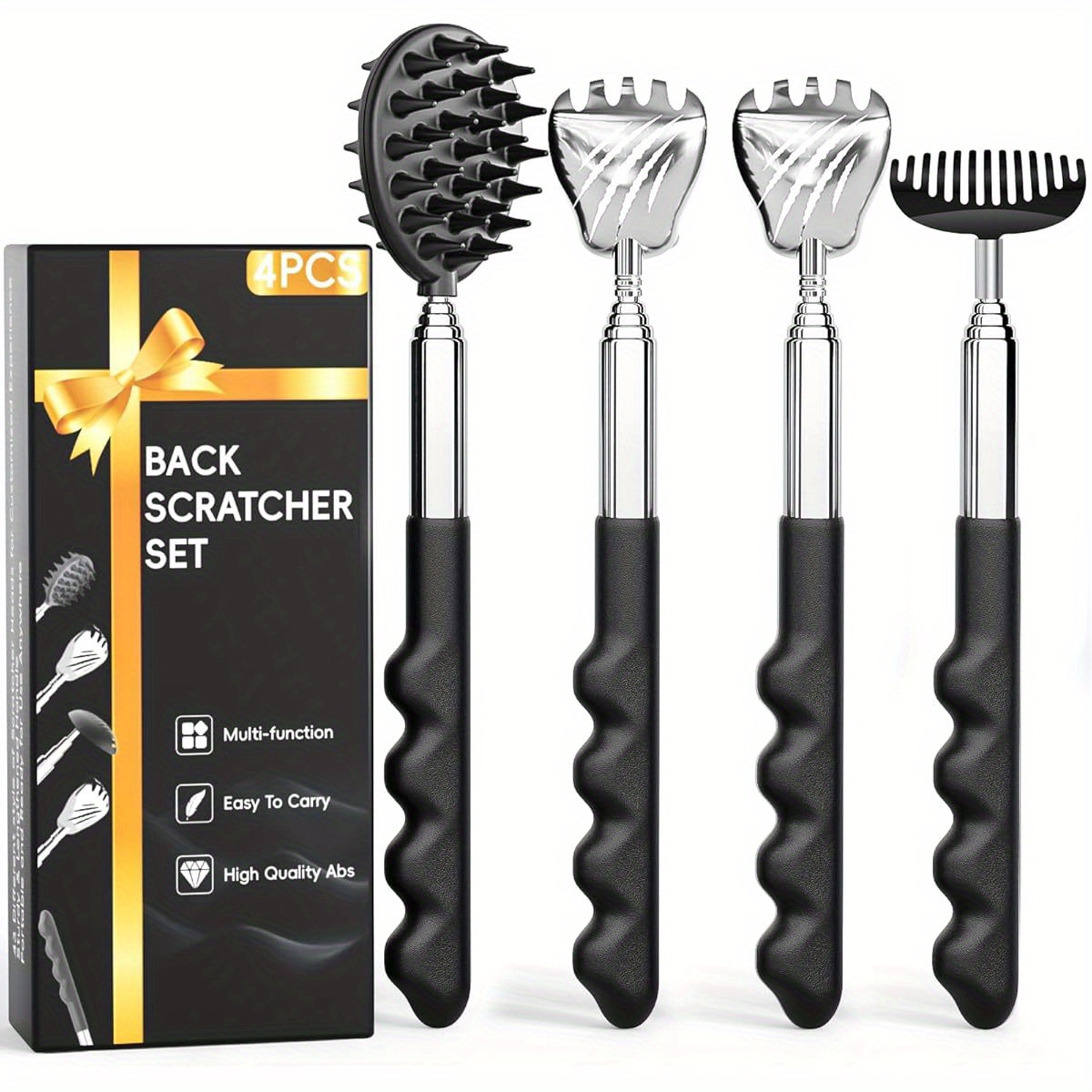4pcs versatile back scratcher hers day dad gifts for men portable telescoping   massager tool with different heads and rubber handle cool items   gadgets for men Product details 3