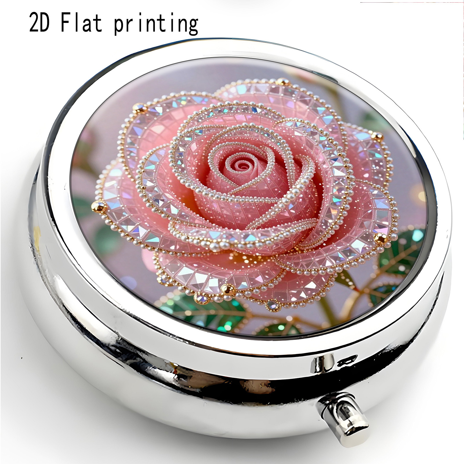 TEMU 1pc 2d Flat Printing Pill Box, Oil Painting Style Pink Rose Gemstone Decoration , Portable/metal Material, Practical Gift, Exquisite And