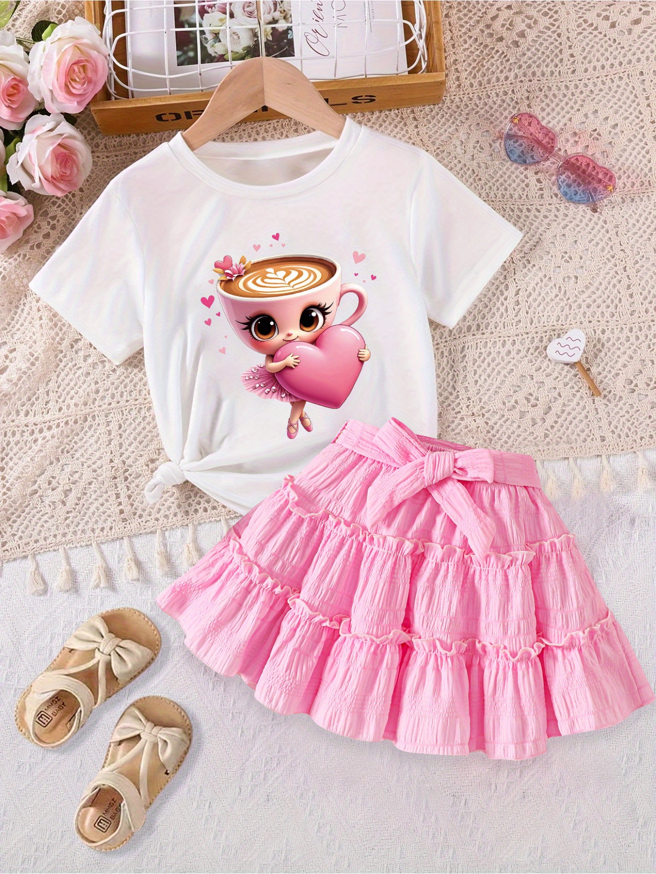 2 peças/conjunto camiseta fofa de xícara para meninas! a xícara se   em   bailarina fofinha,   com   rosa de bolo e   de  , estilo   e  .   plissada meia-comprida de cor   com   em camadas e cintura ajustável para um visual confortável no verão.   para atividades ao ar livre, festas, viagens e looks casuais