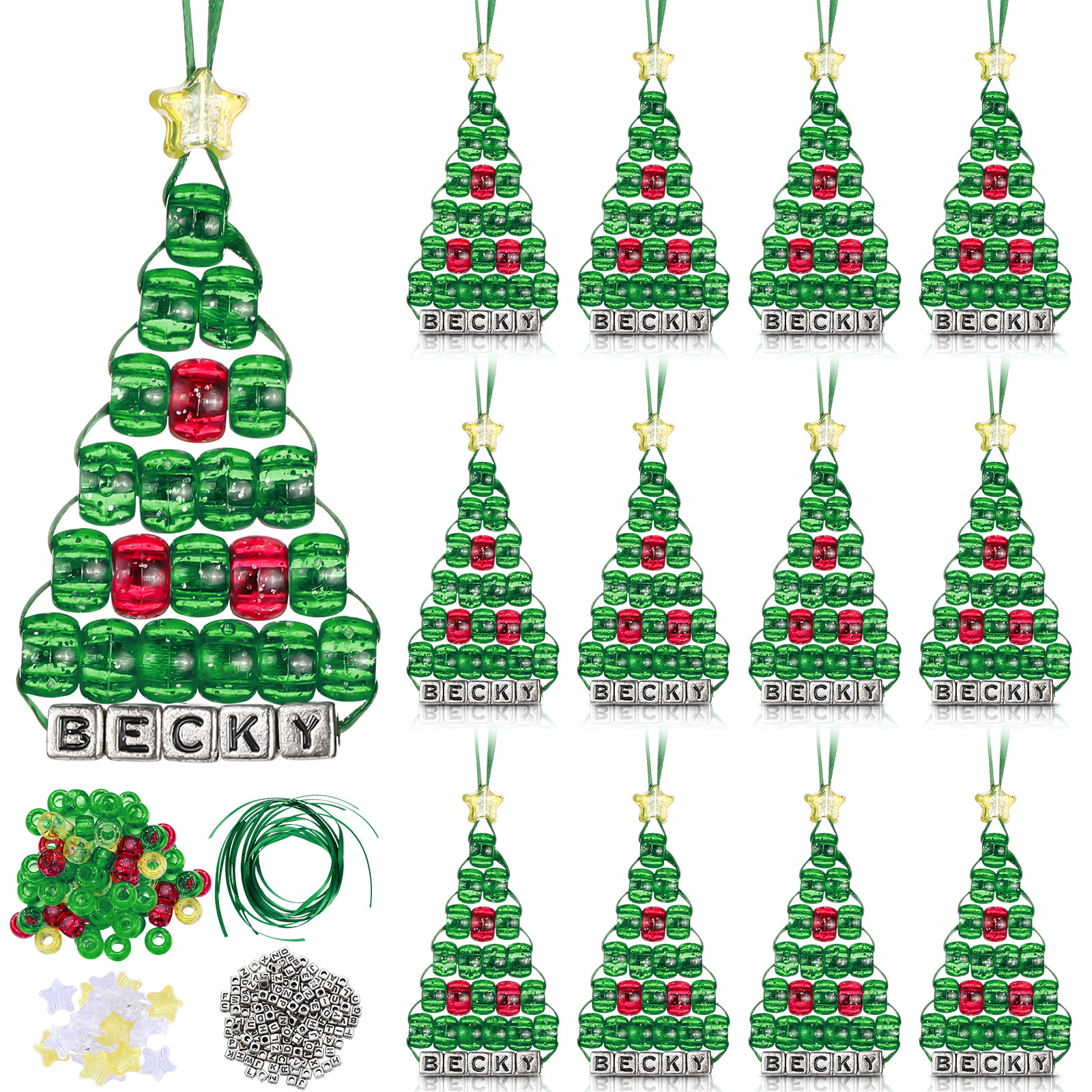 TEMU 12pcs Christmas Handmade Bead Set, Including Silvery Letter Bead Christmas Tree Decoration Set, Star-shaped Decoration, Green And White Beads,