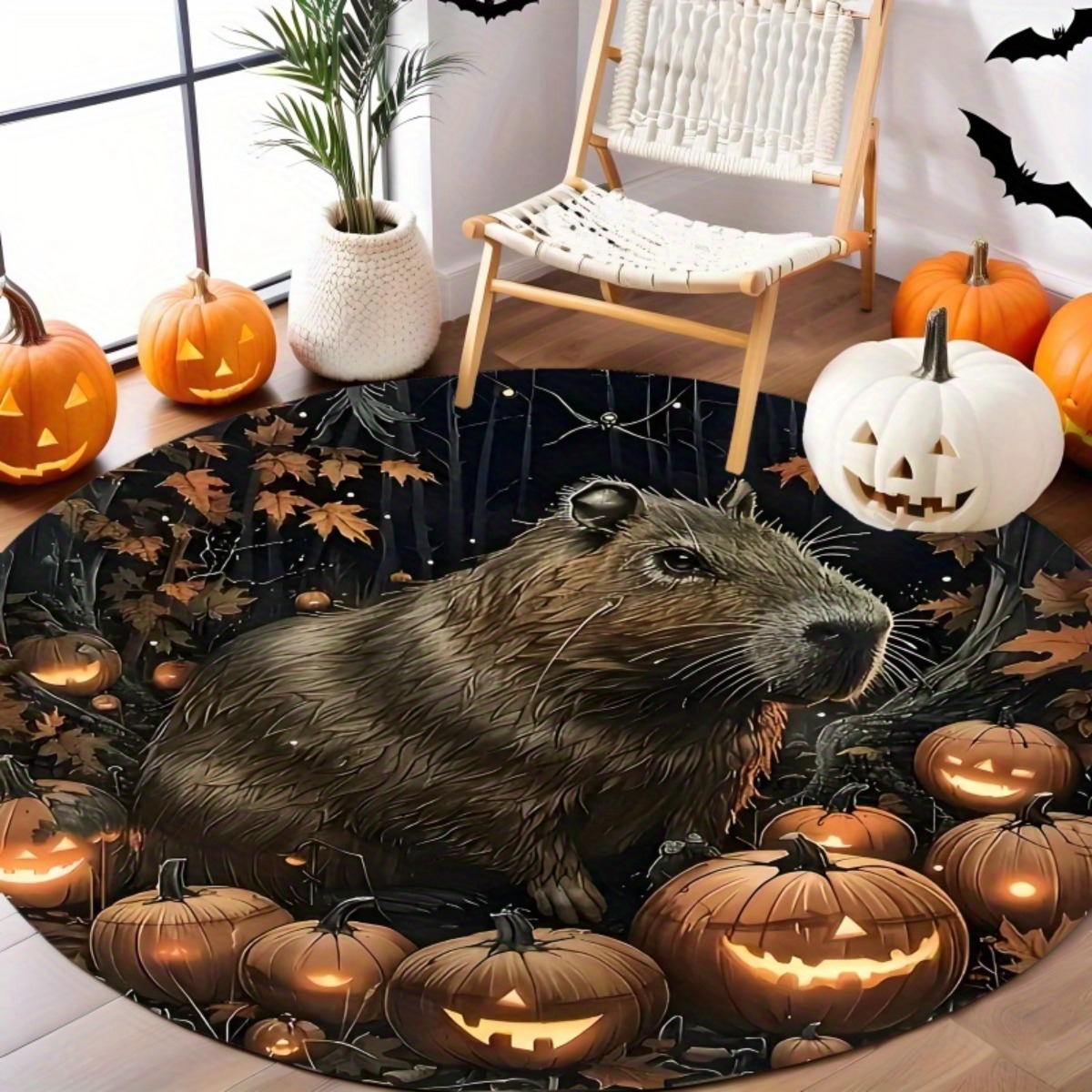 item picture 1pc capybara pattern halloween       realistic style flannel round floor mat soft non slip absorbent circle bathroom mat for bedroom living room home decor