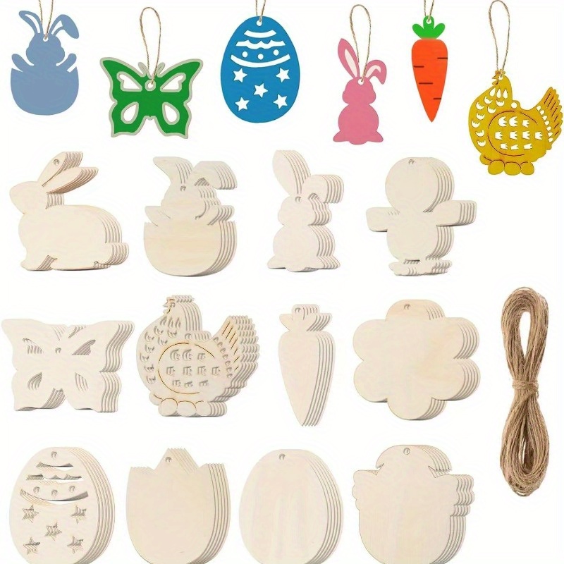 

60pcs Unfinished Wood Easter Ornaments Egg Bunny Chick Flower Cutouts With Holes Wooden Gift Tags Hang Tags Favor Tags Treats Tags With For Easter Party Supplies Diy Crafts Home Decor