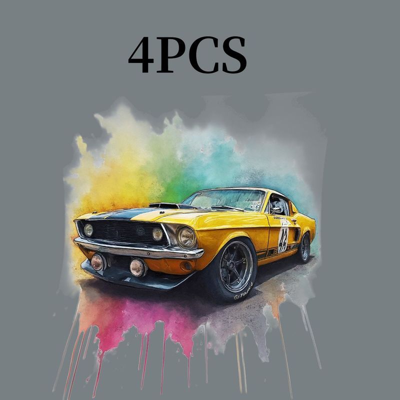 TEMU 4pcsretro Racing Car Watercolor Art Heat Transfer Design - Durable Dtf Iron-on Stickers, Washable Heat Press Decals, T-shirts, Hoodies,