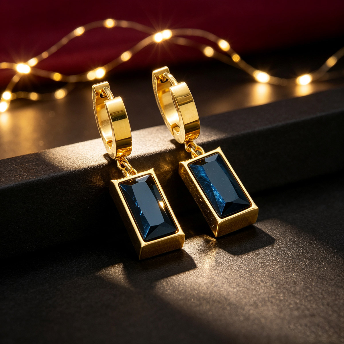 18K Gold-Plated Black Gemstone Pendant Earrings for Women