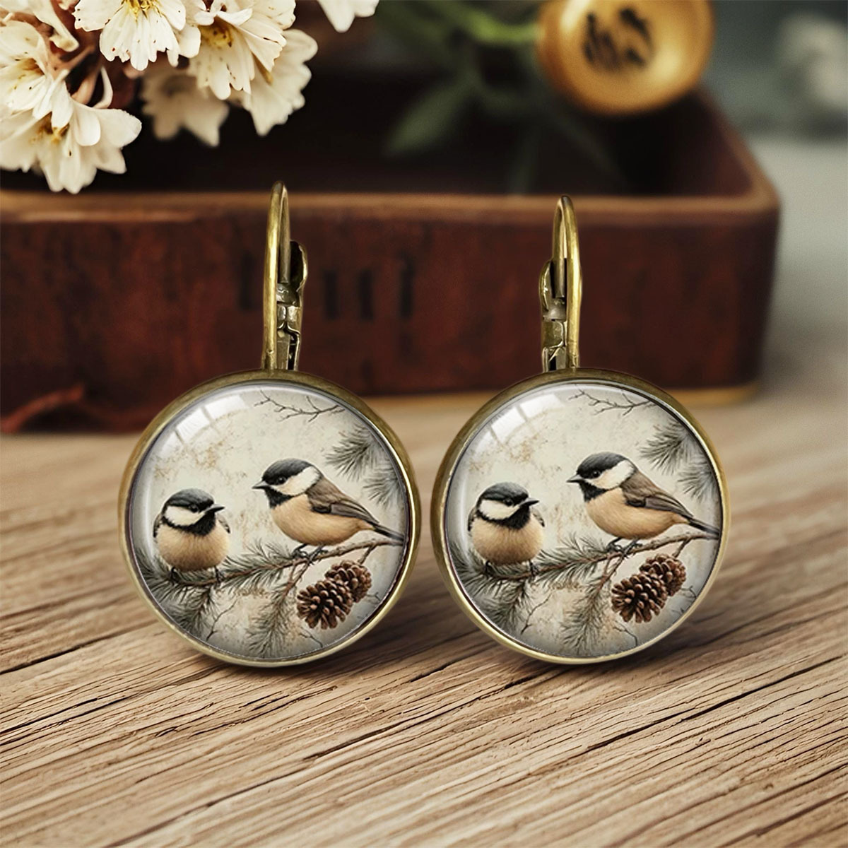 TEMU 1 Paire de Boucles d'Oreilles Rondes Vintage en Papier avec Illustration Aquarelle d'Aiguilles de Pin, de Pommes de Pin et de à Couronne Noire,