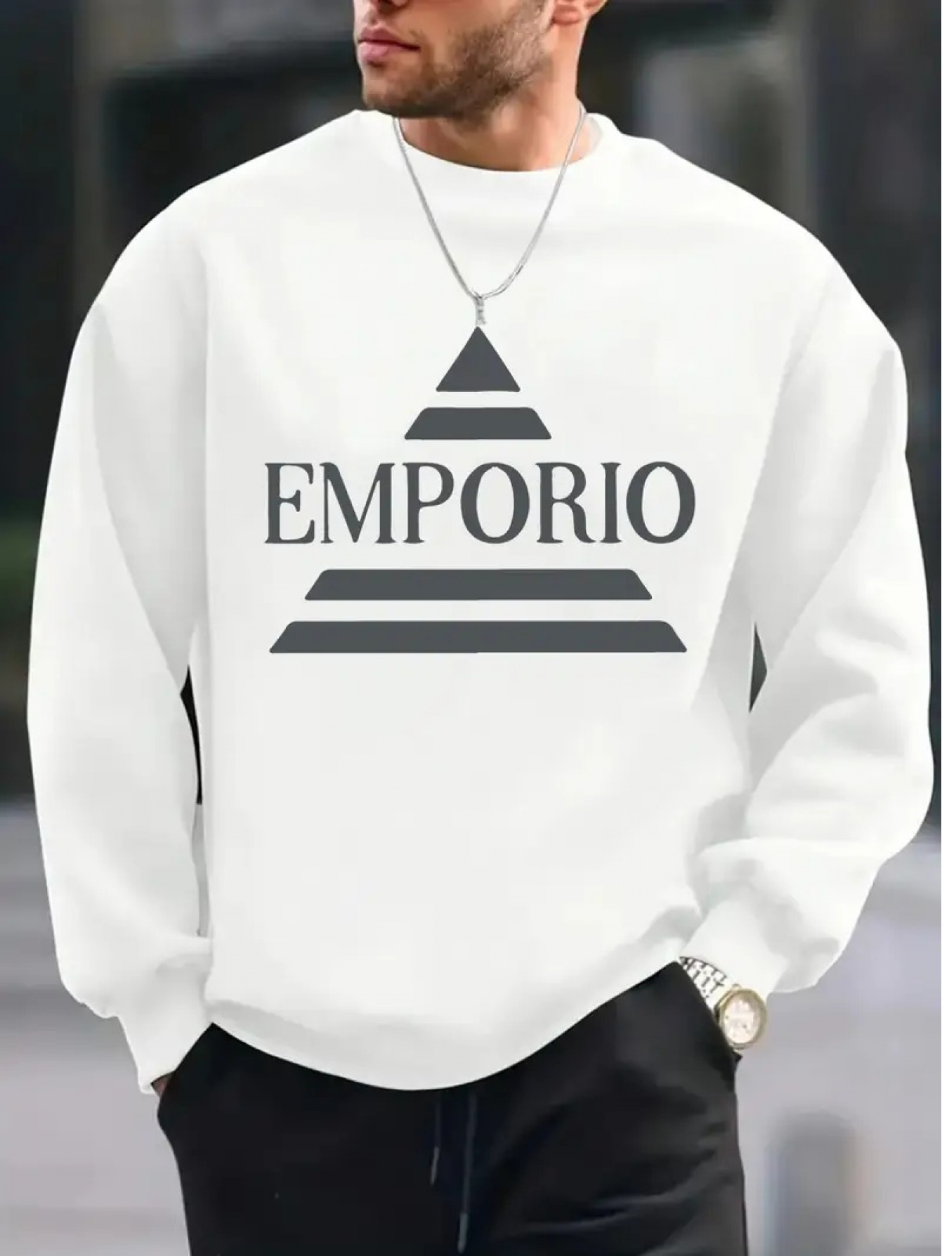 Heren Emporio Logo Print Oversized Witte Trui - Zware Casual Pullover, Lange Mouwen Ronde Hals