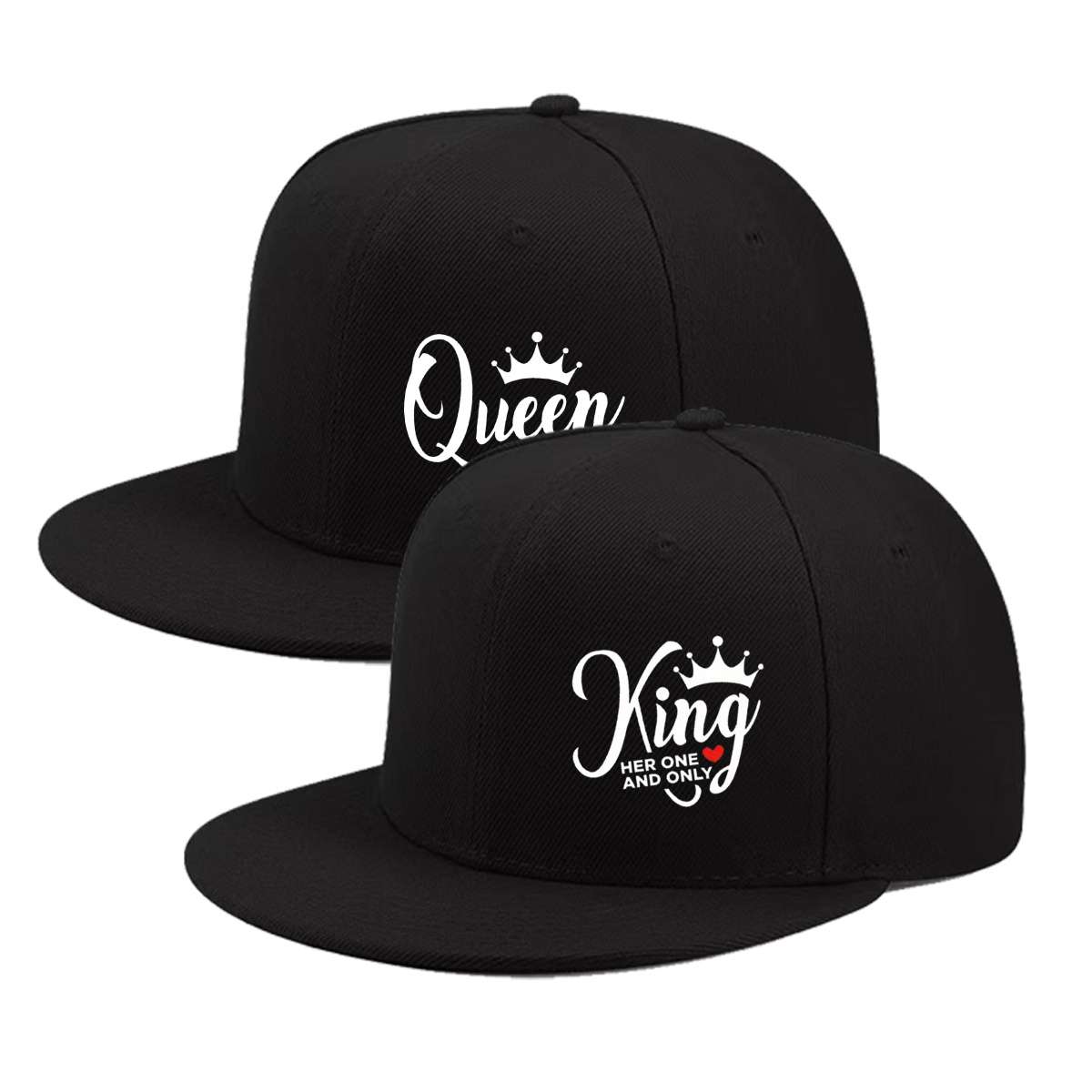 TEMU 2D Flat - 2er-Set klassische Hip-Hop-Flat-Brim-Hüte mit lustigem König- und Königin-Print, verstellbare Passform, für Valentinstag oder