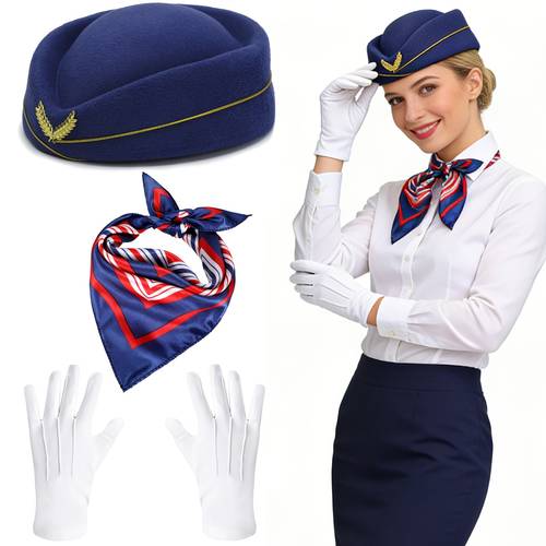 3pcs womens costume airline stewardess hat scarf gloves set for halloween cosplay carnival fancy dress up theme party role playing masquerade party