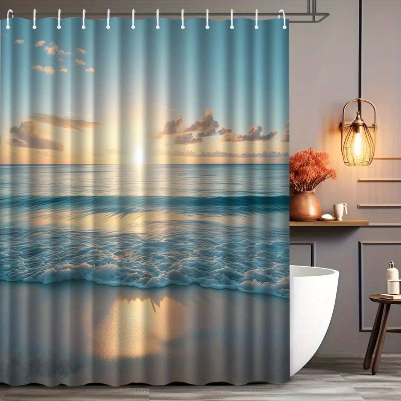Summer Beach Pattern Shower Curtain with Hook, Water-Washing
