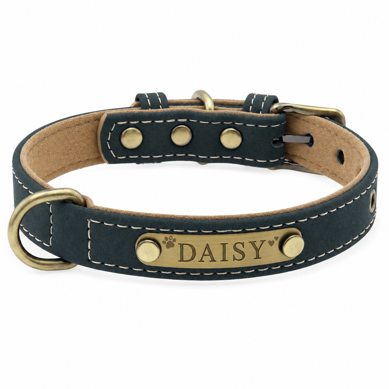 TEMU Personalized Engraved Id Tag Faux Leather Dog Collar With Heart Paw Print Design Adjustable Pet Collar For Small Medium Dogs Cats Breathable