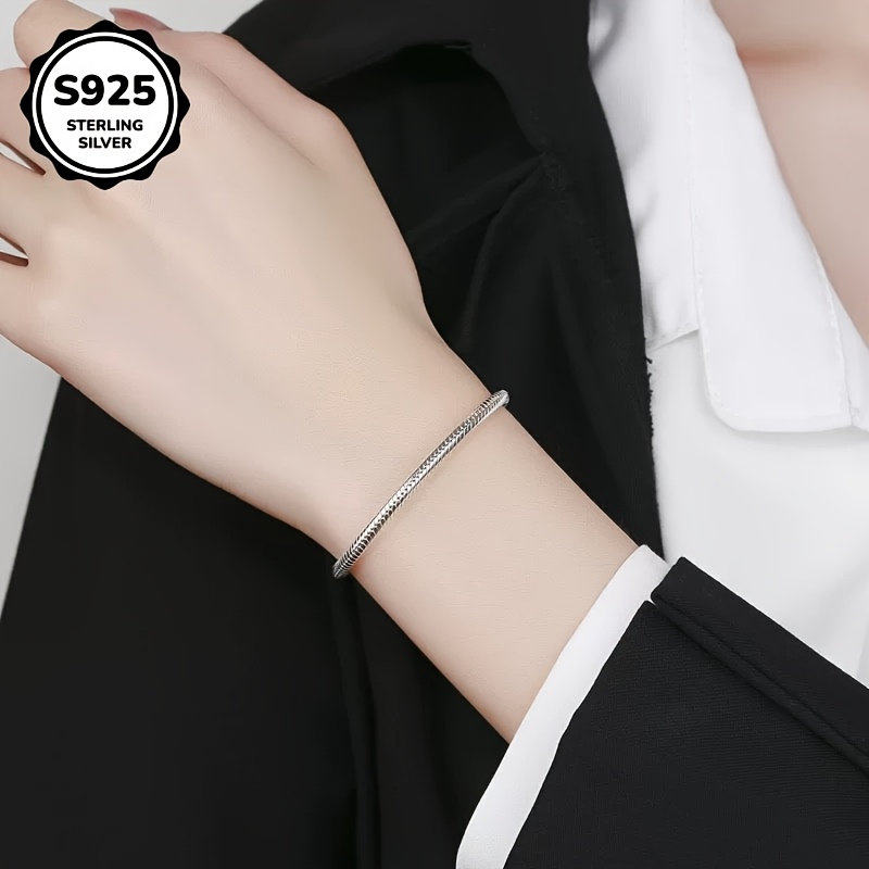 S925 Snake Bone Bracelet 2pcs Set, Stackable Silvery Style
