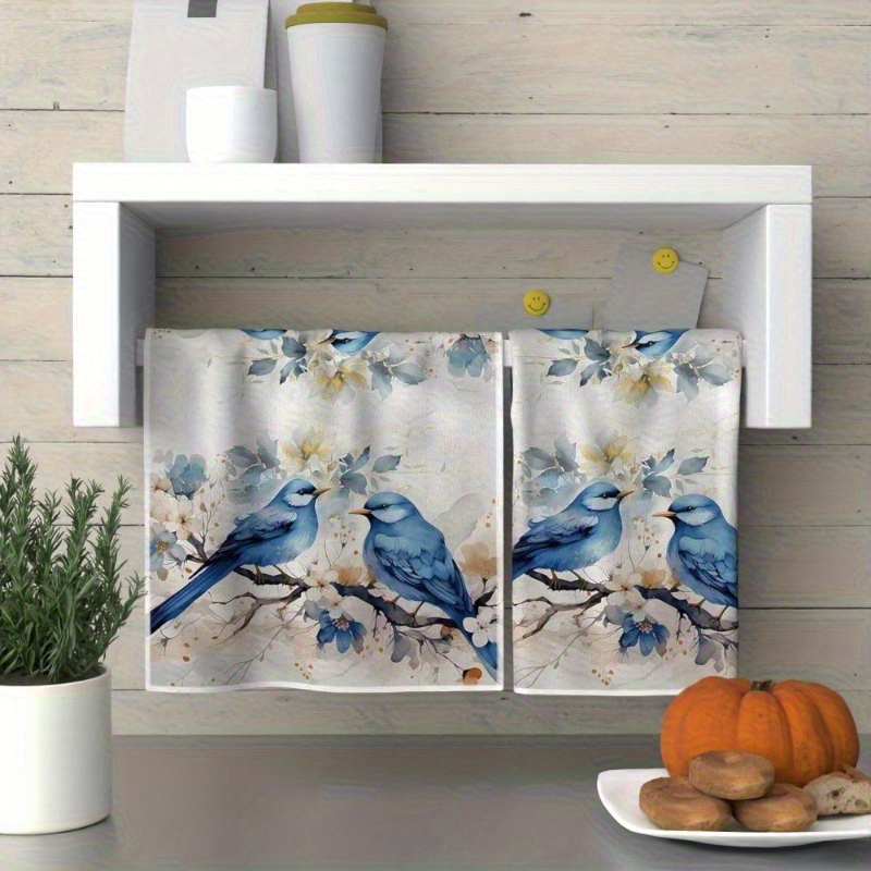 TEMU 2pcs Bluebird And Towels, Elegant Design For Kitchen, Bathroom, And Gym, Decorative Handkerchiefs With Vibrant Bluebird Patterns