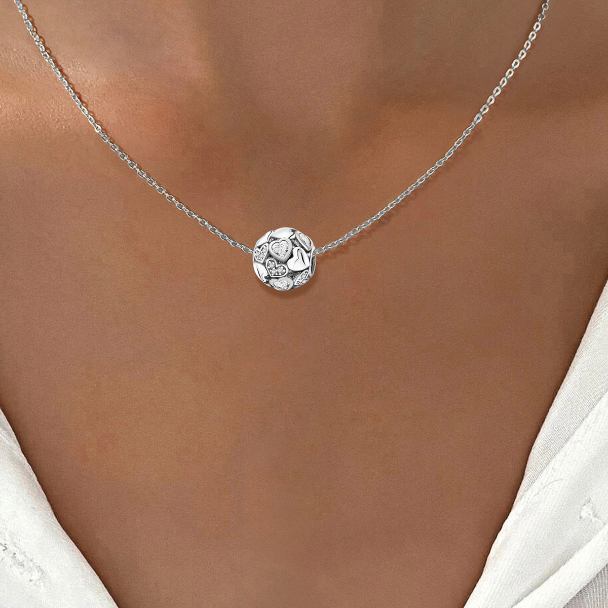 Women's Heart Shape Charm Beads Pendant Necklace, 925 Silver Plated