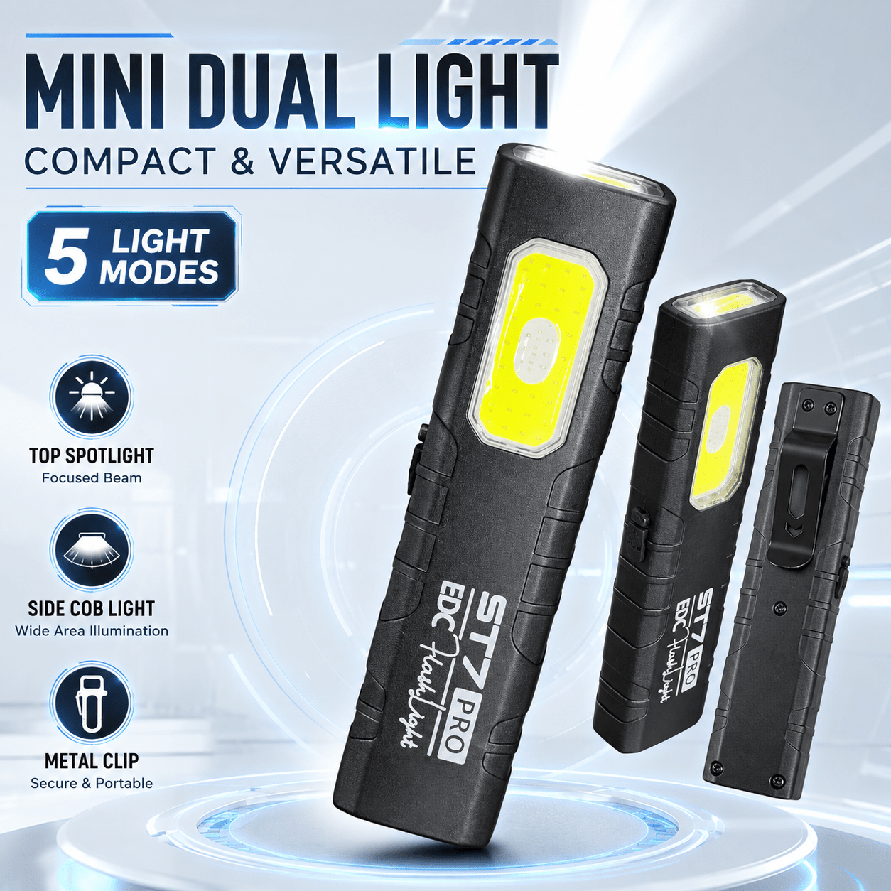 TEMU Multifunctional Mini Portable Flashlight With Sources ( And Side Light), 5 Lighting , Strong/weak Light Switching, Red/blue Strobe Emergency