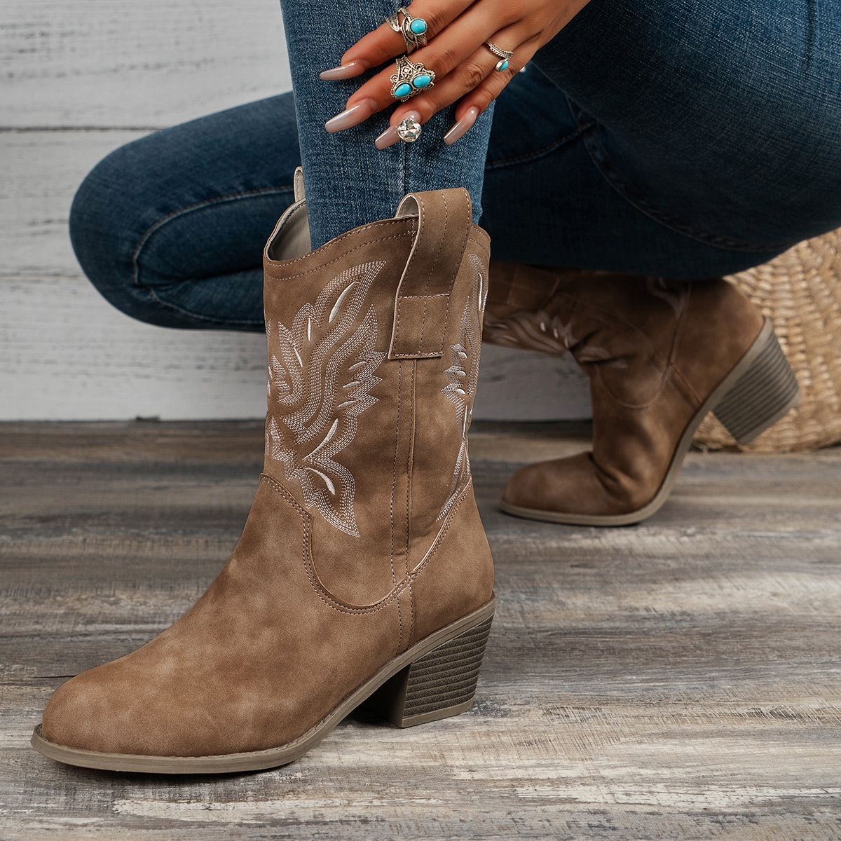 TEMU Bottines classiques au design pour femme, bottes de cowboy western , bottes vintage confortables pour femme, chaussures pour femme