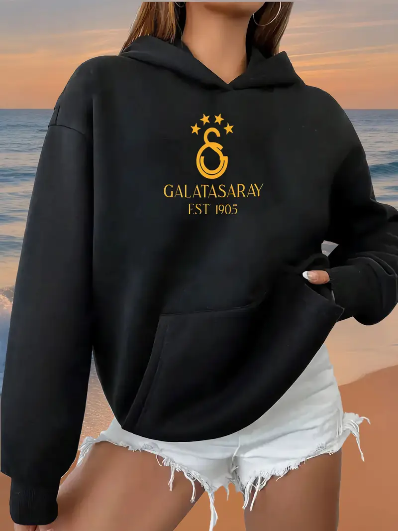 Women's Casual Hooded Sweatshirt - Green with Yellow Star & Galatasaray EST.