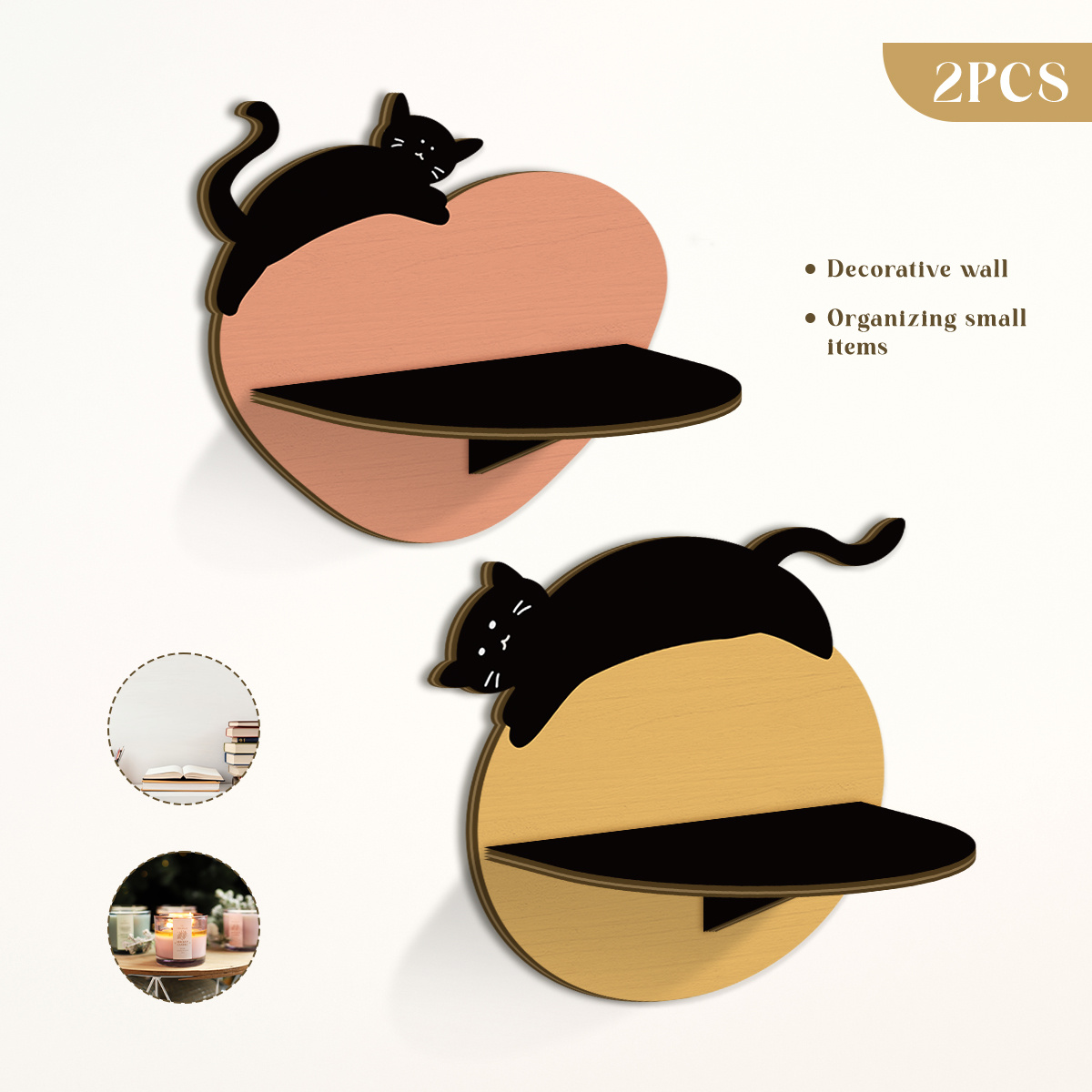 TEMU Adorable Cat Solid Wood Wall-mounted Shelf Set Of Two, A Beautiful And Practical Solution For Storing And Displaying Ornaments And Decorative