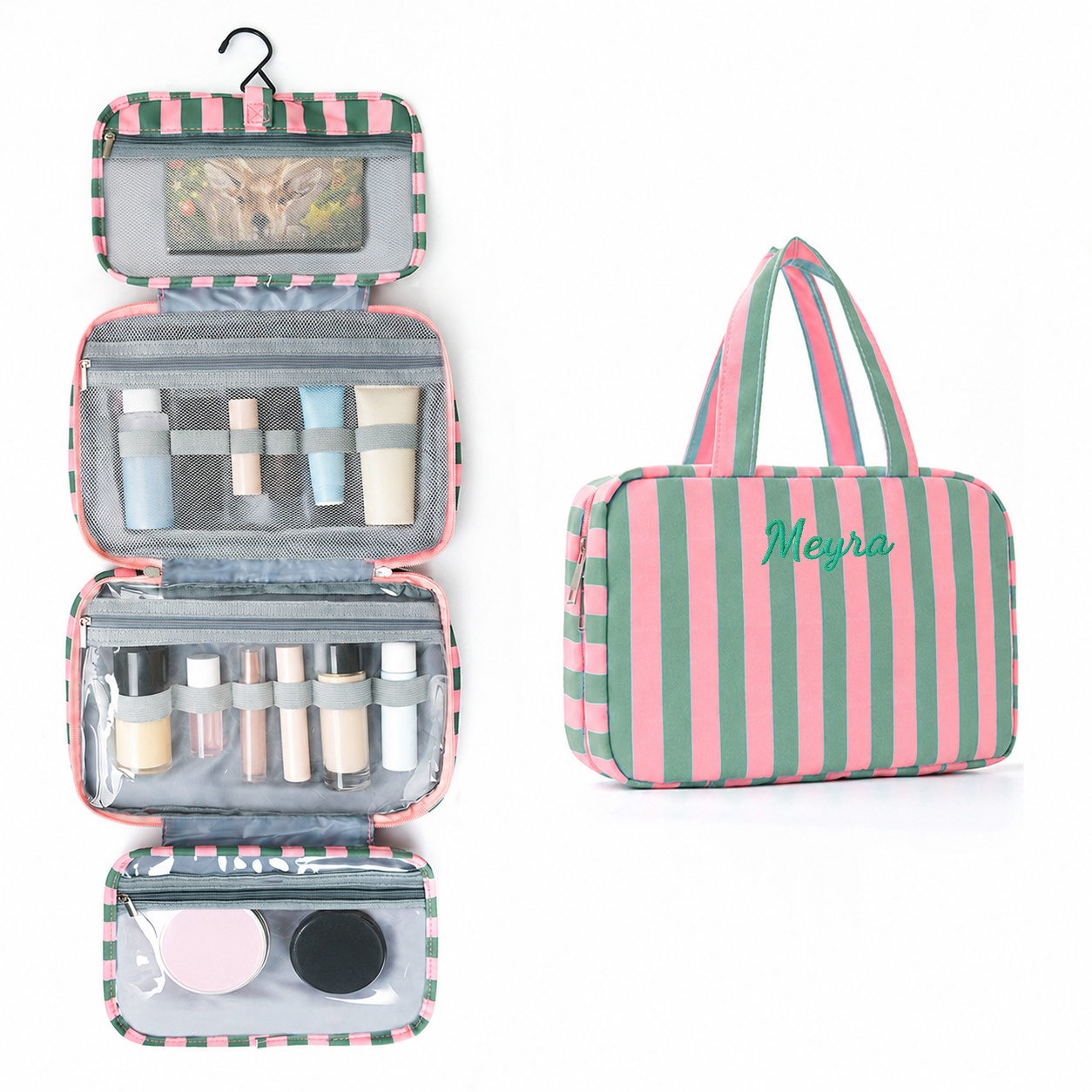 TEMU Personalized Striped Travel Toiletry Bag, Large Capacity Foldable Makeup Organizer Bag With Custom Embroidered Name, 4-fold Portable Cosmetic
