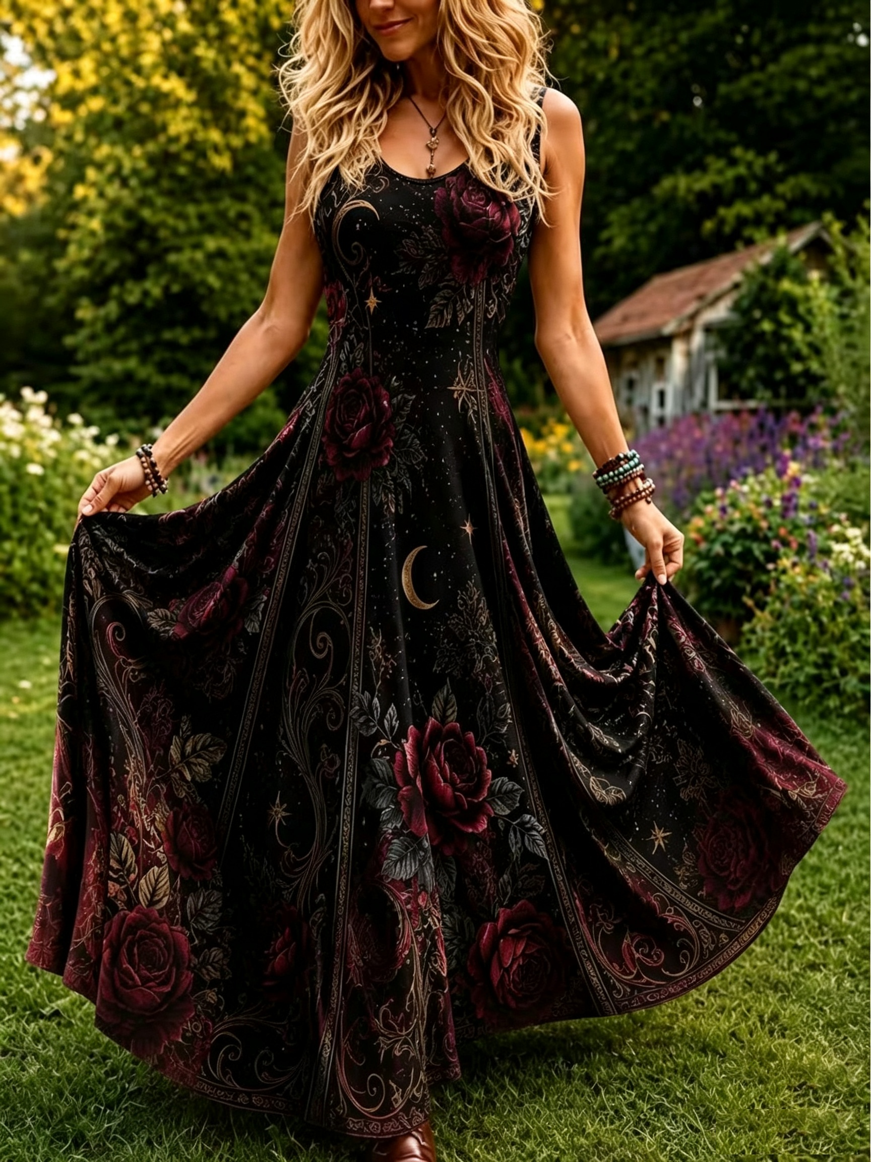 long black dress witchy clothes sold on Temu United States Color:05 Green Print *These charts are for color_Yellow Arielle Romantic A-Line Wedding