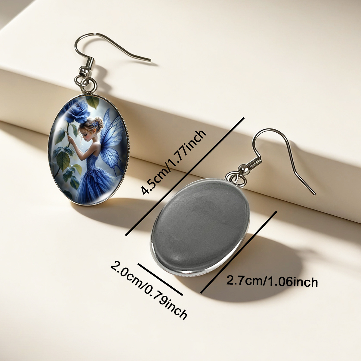 Dreamy Blue Rose Fairy Elf Picture Oval Earrings