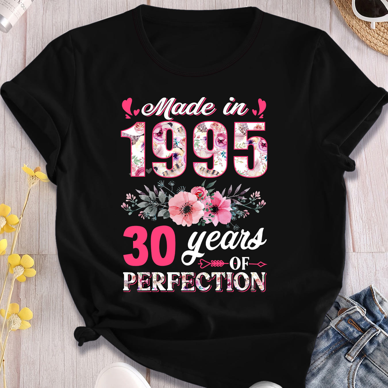 

Women's "made In 1995" Floral 30th Birthday T-shirt - Green Crewneck, Short Sleeve, Casual Top, Casual Attire Or Sportswear, Casual Casual Attire | Vibrant Graphic Shirt | Polyester Fabric