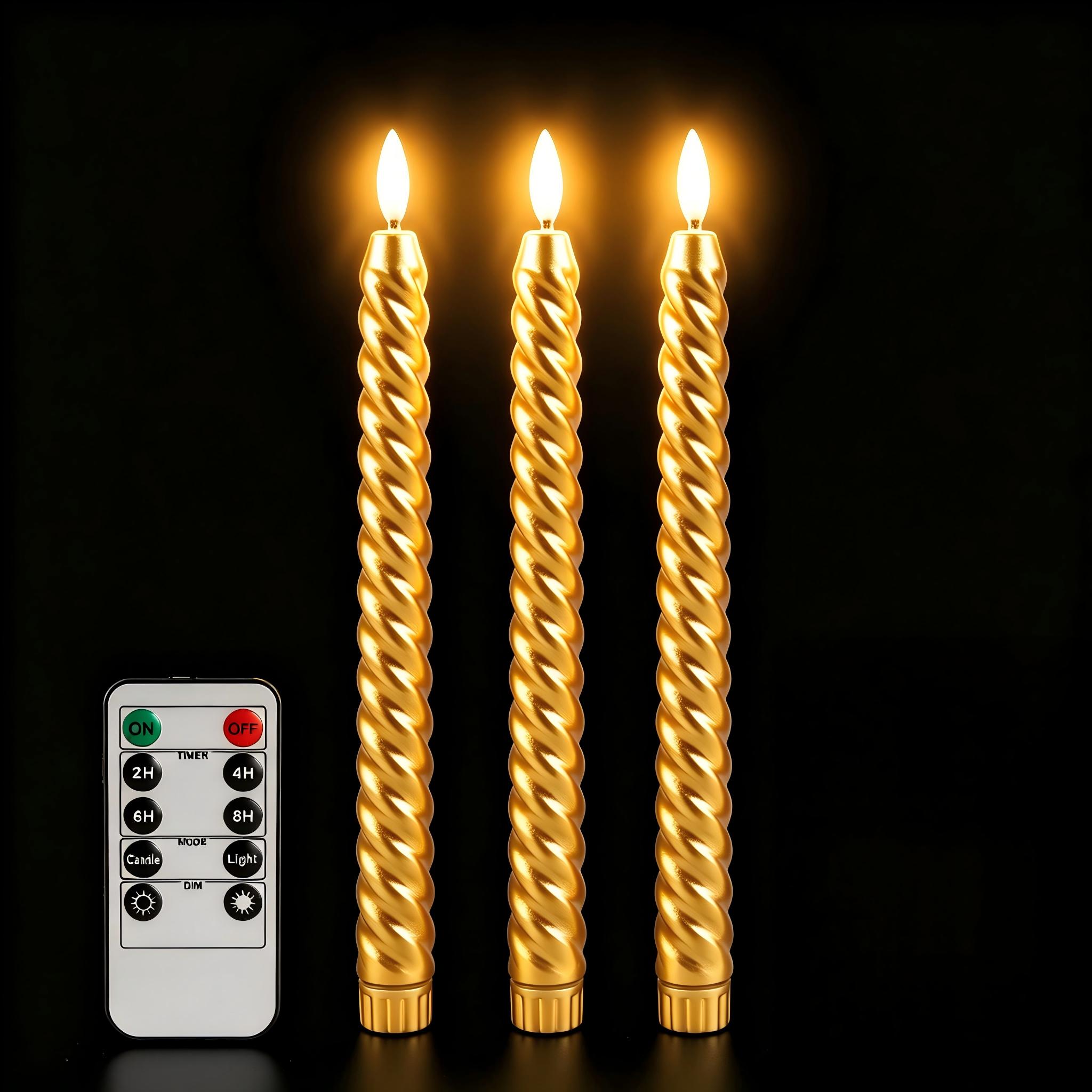 TEMU Lot de 3 bougies fuselées LED flamme avec télécommande, minuterie et variateur, bougies longues torsadées à piles, flamme vacillante réaliste,
