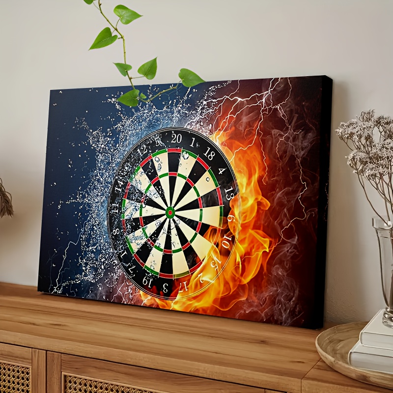 TEMU 2d Flat, 1 Dart Board Canvas Painting With Fire And , Dynamic Darts Wall Decor - Modern Game Room Decor, Designed For Man Cave, Bar - Framed