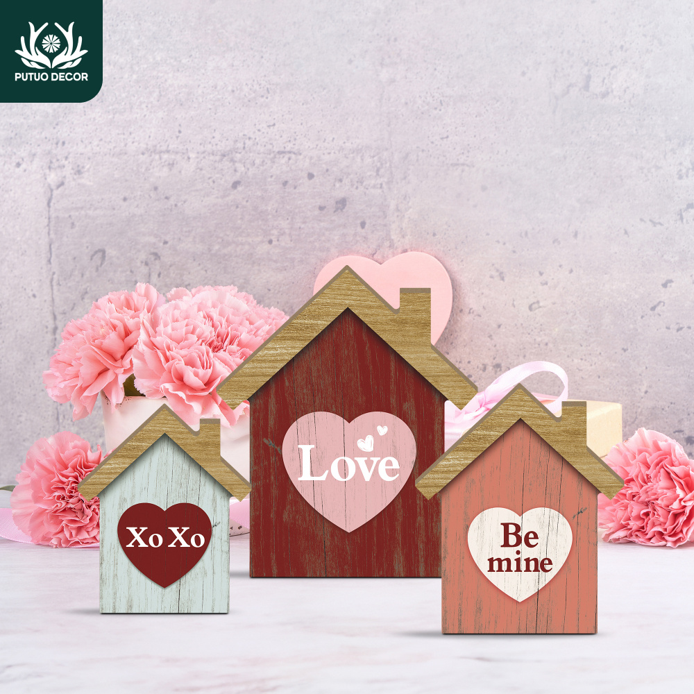 

Putuo 3pcs Valentine's Day Wooden House Tabletop Decorations - Love, , Be - Farmhouse Style Home & Cafe Decor For 14th Celebration, No Batteries Required