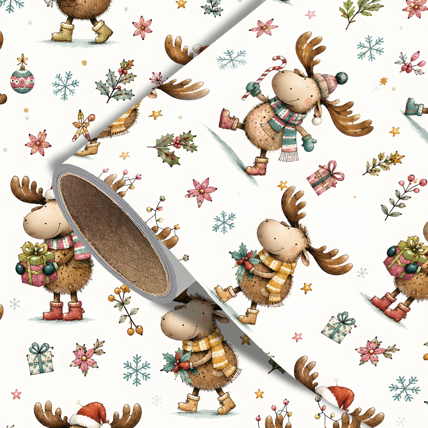 TEMU Roll Of Cute Christmas Moose Wrapping Paper Suitable For Xmas Gifts, Party Decorations & Diy Crafts - Single-sided Print With Moose, Santa Hats,