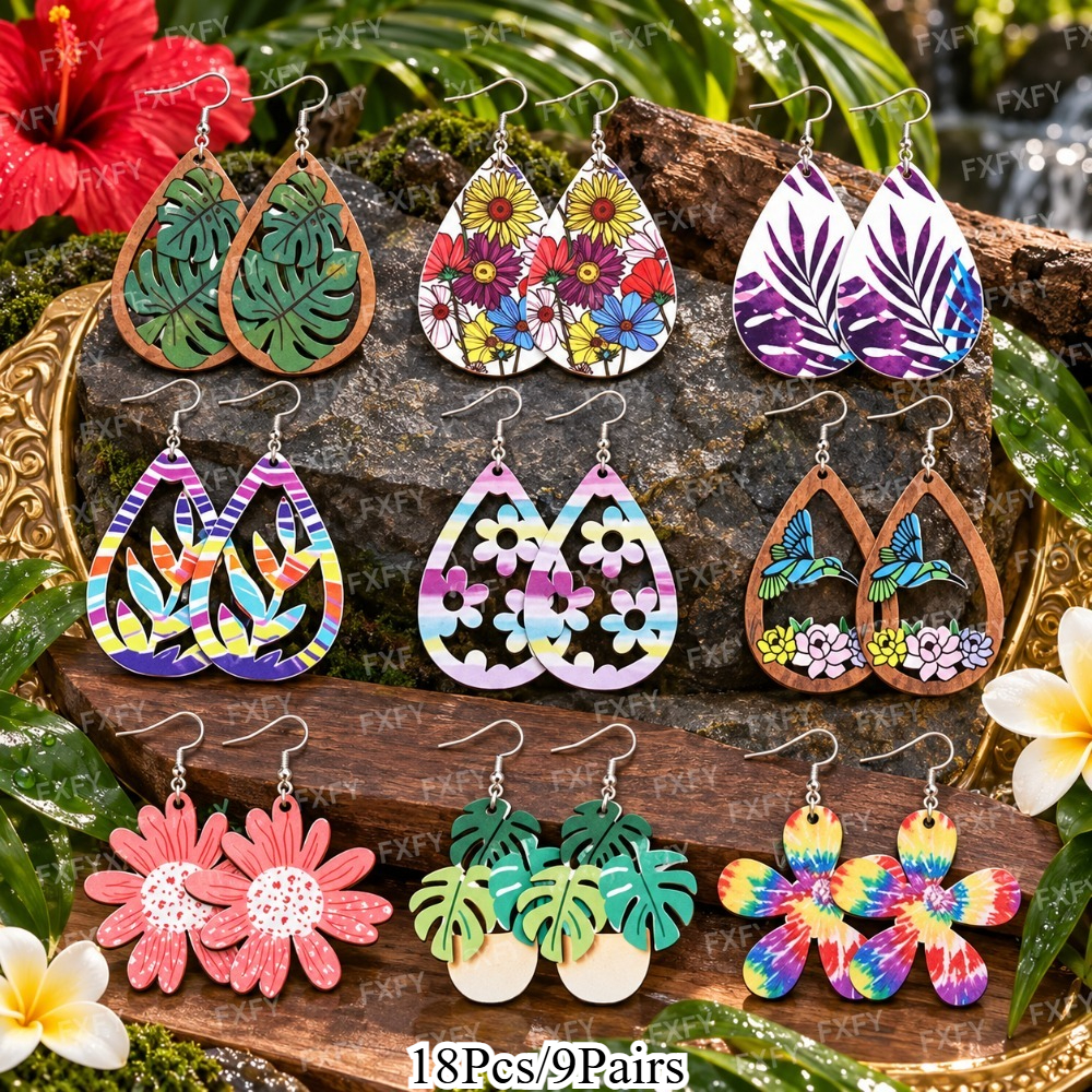 TEMU 2d Flat, 18pcs/9-pair 2d Flat Vintage Bohemian Style Double-sided Teardrop Acrylic Pendant Earrings With Daisy And Hummingbird , Lightweight And