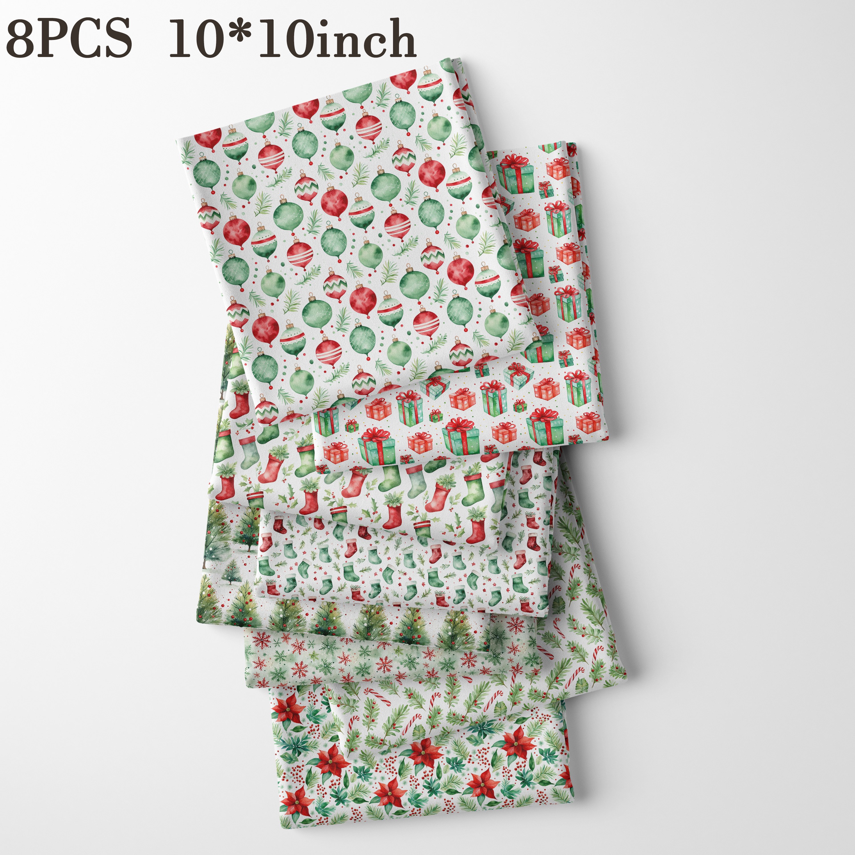 TEMU Lot de 8 tissus de Noël aquarelle 10"x10" pour patchwork, courtepointes, de table, doublure de boîte cadeau et décoration murale - Poinsettia,