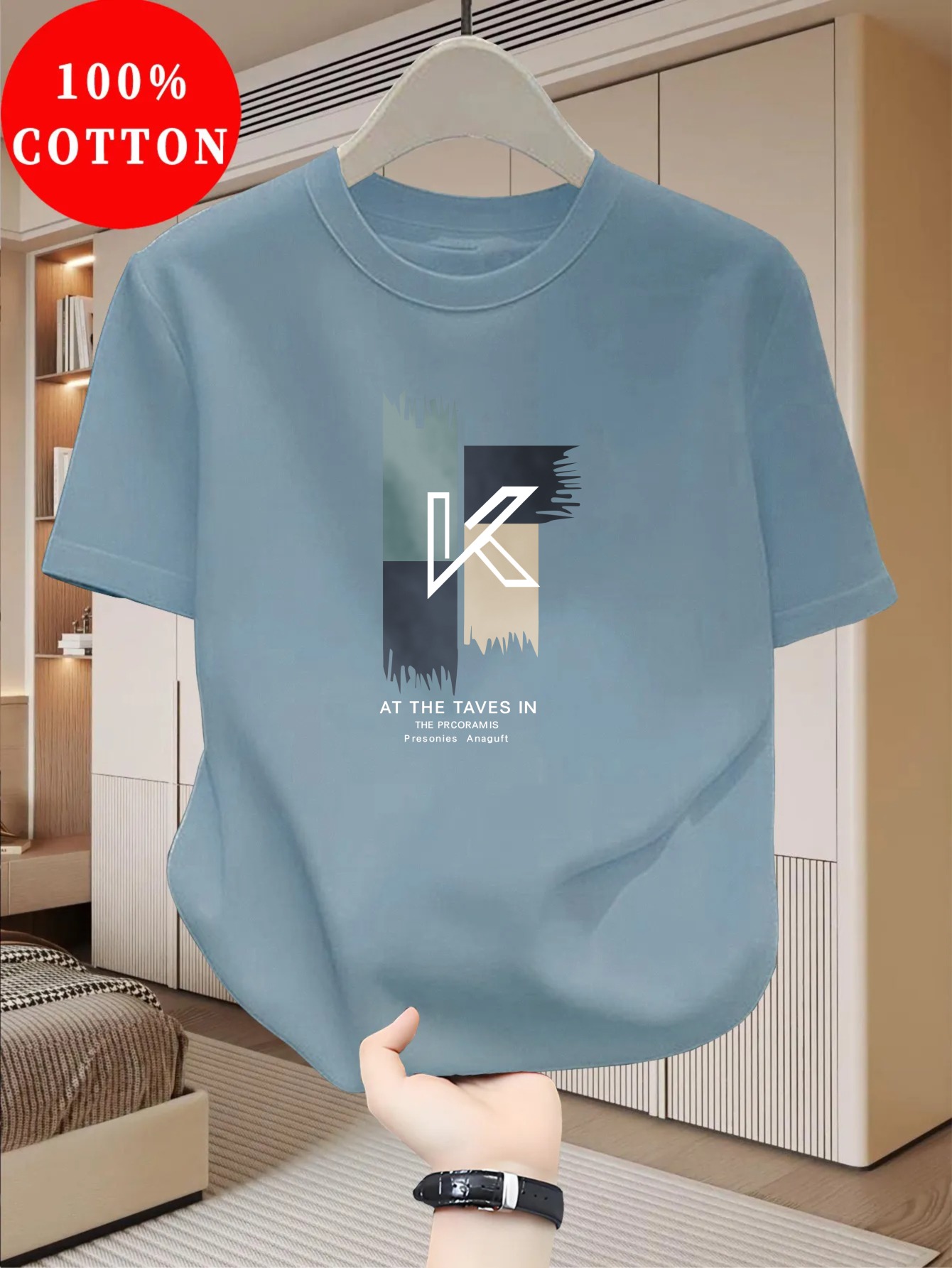 Tricou bărbătesc 100% bumbac cu guler rotund casual, un top esențial de vară, respirabil și fabricat din