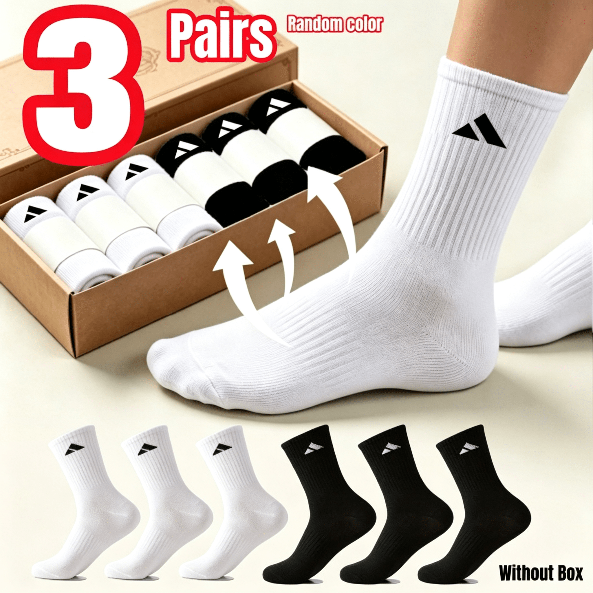 TEMU 3-pair Breathable Mid-calf Sports Socks - High-elasticity, Breathable Mid-calf Socks, Unisex, Random Color, Thickened Cushioned Sole For