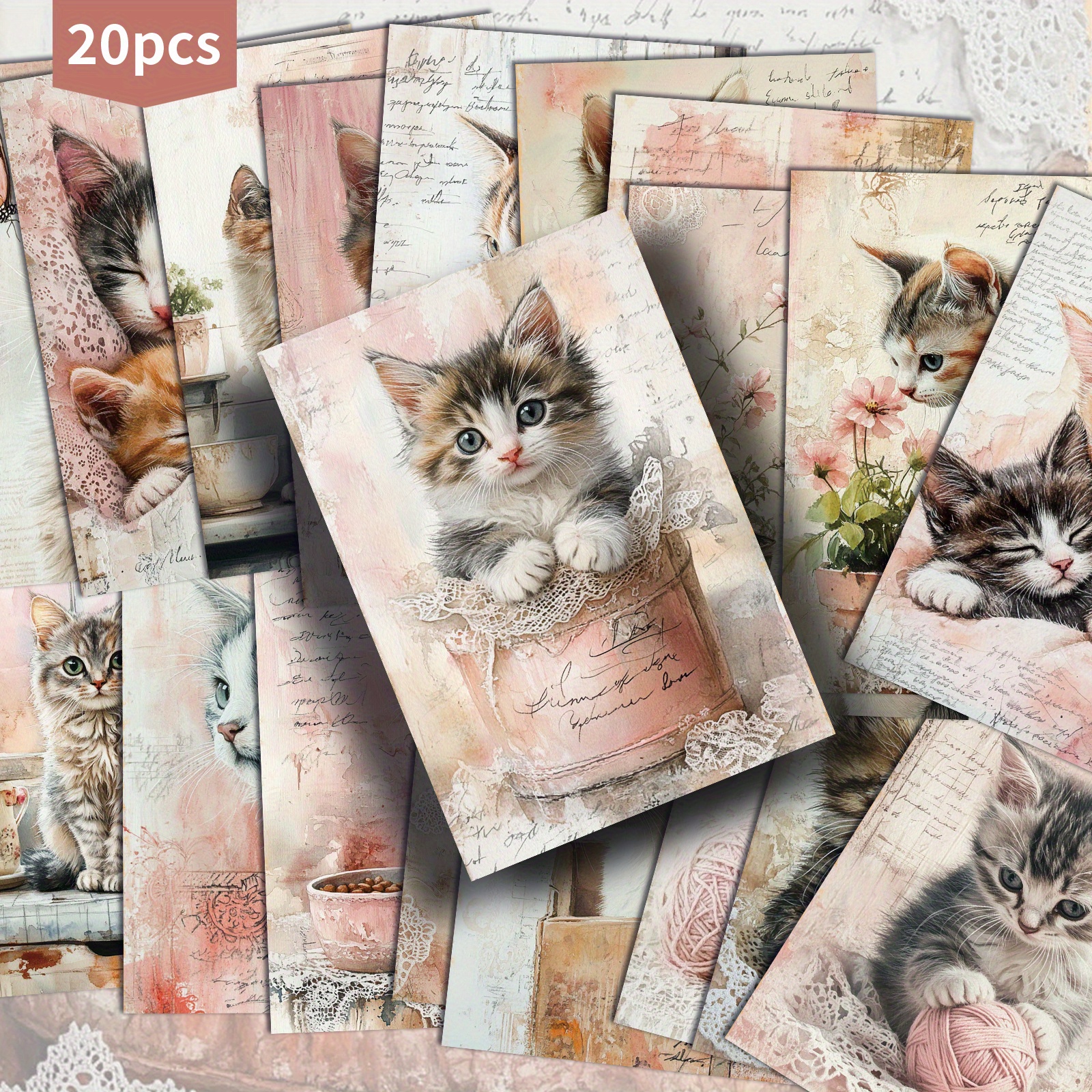 TEMU 20 Pack Cute Cat Paper Postcards - 4x6 Inches Vintage Junk Journal Paper, Classic Pinup Illustrations, Collectible Decorative Painting Cards For